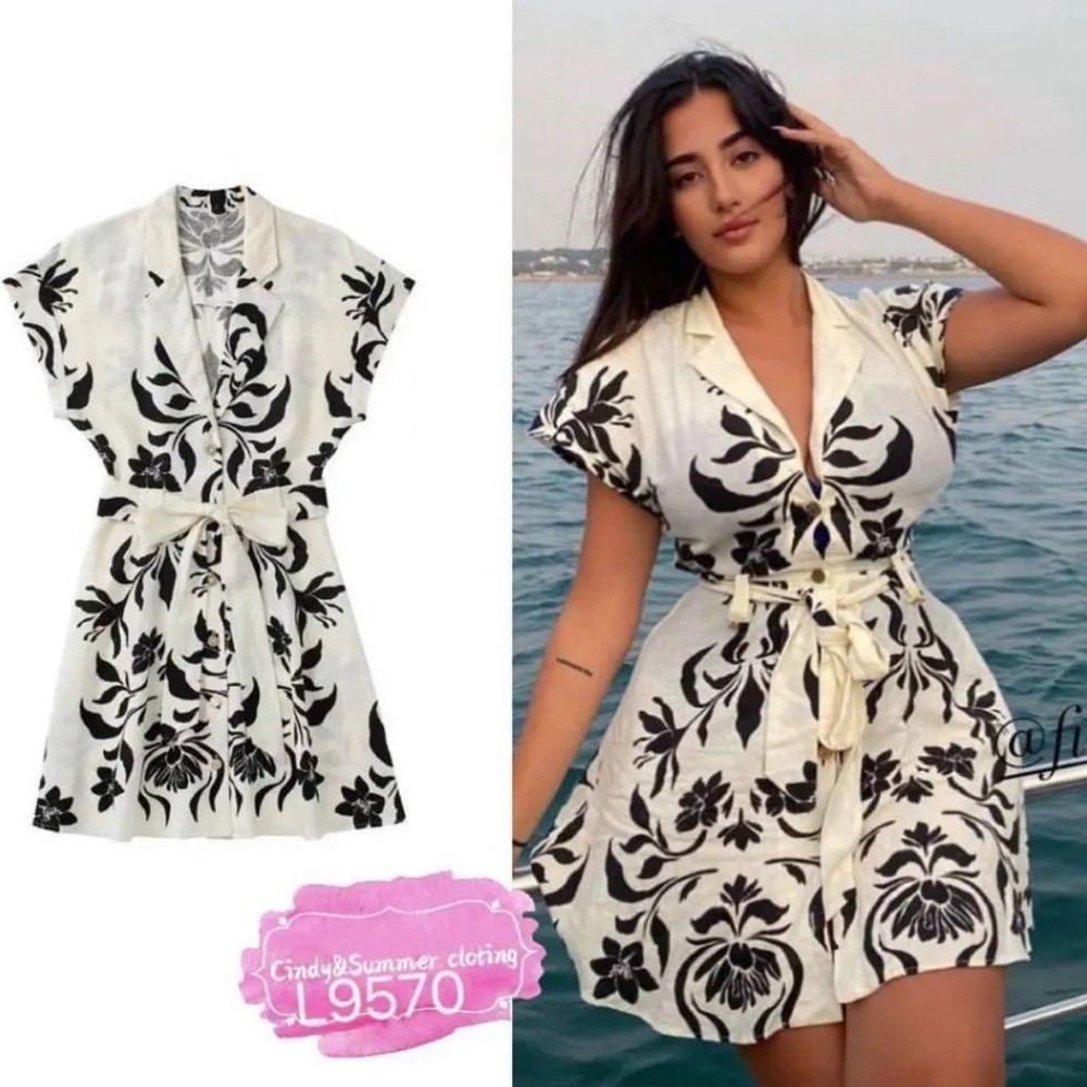 Zara Cream and Black Floral Mini Dress